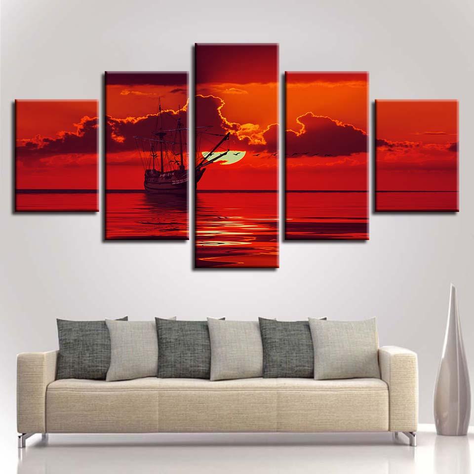 Ship And Red Sun Seascape – Nature Canvas Wall Art