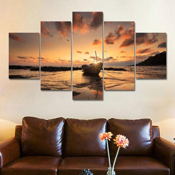 Ship Boat Sunset Seascape Nature Sea Beautiful Modern – Nature Canvas Wall Art