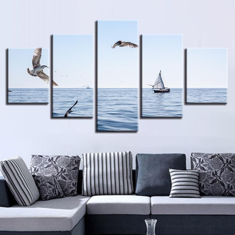 Ship Sailing On The Sea And Seagulls Flying – Space Canvas Wall Art