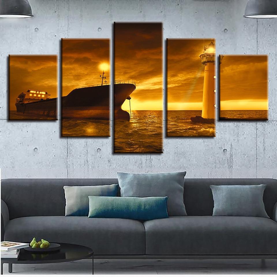 Ships Lighthouse And Golden Sky – Space Canvas Wall Art