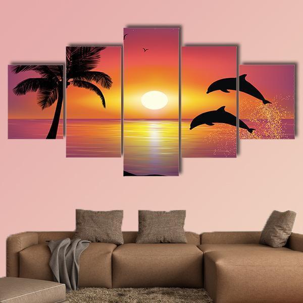 Silhouette Of Two Dolphins Jumping Out Of Water – Animal Canvas Wall Art