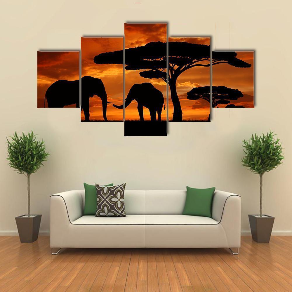 Silhouette Of Two Elephants In The Sunset – Animal Canvas Wall Art