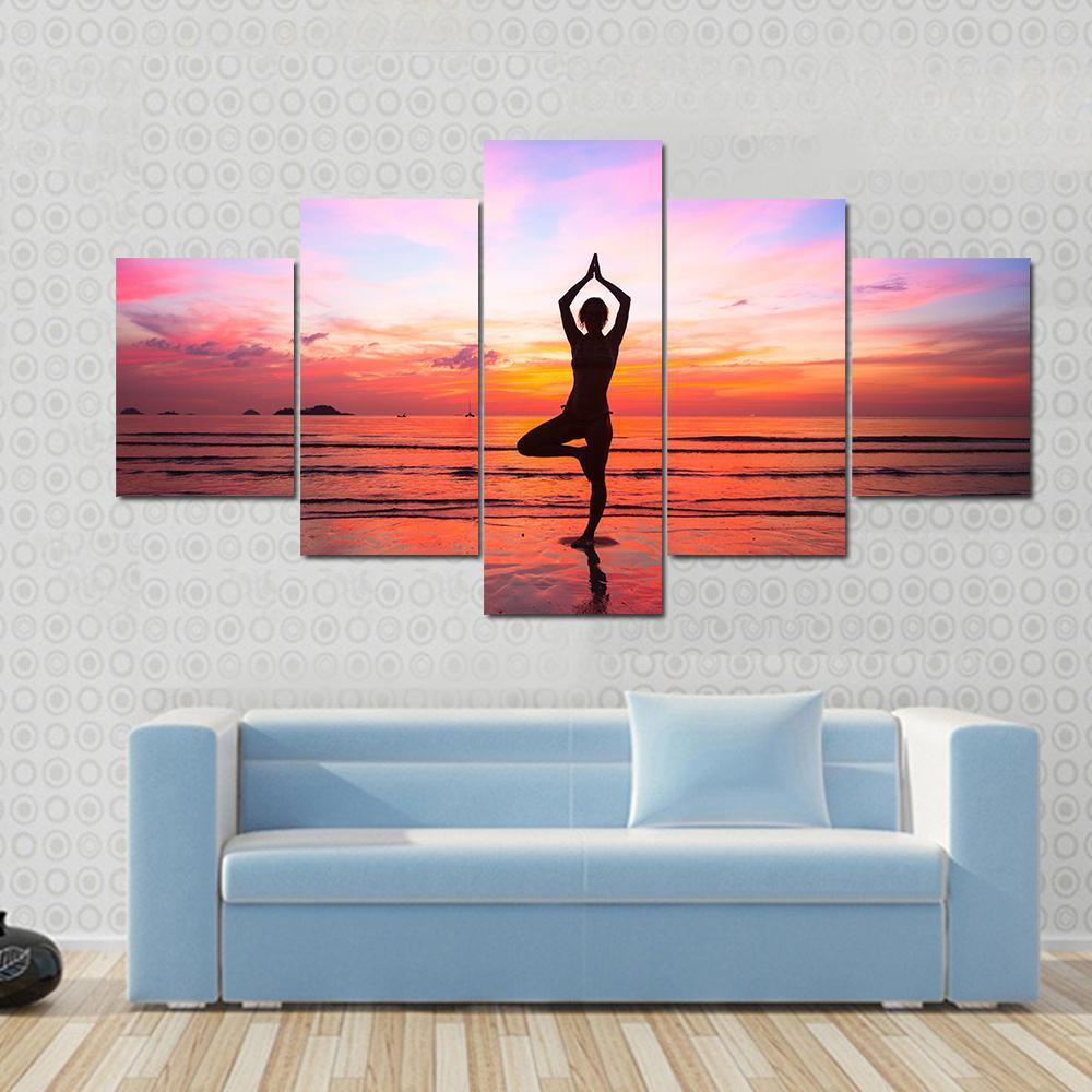 Silhouette Woman Yoga Practice At The Seaside At Sunset – Nature Canvas Wall Art