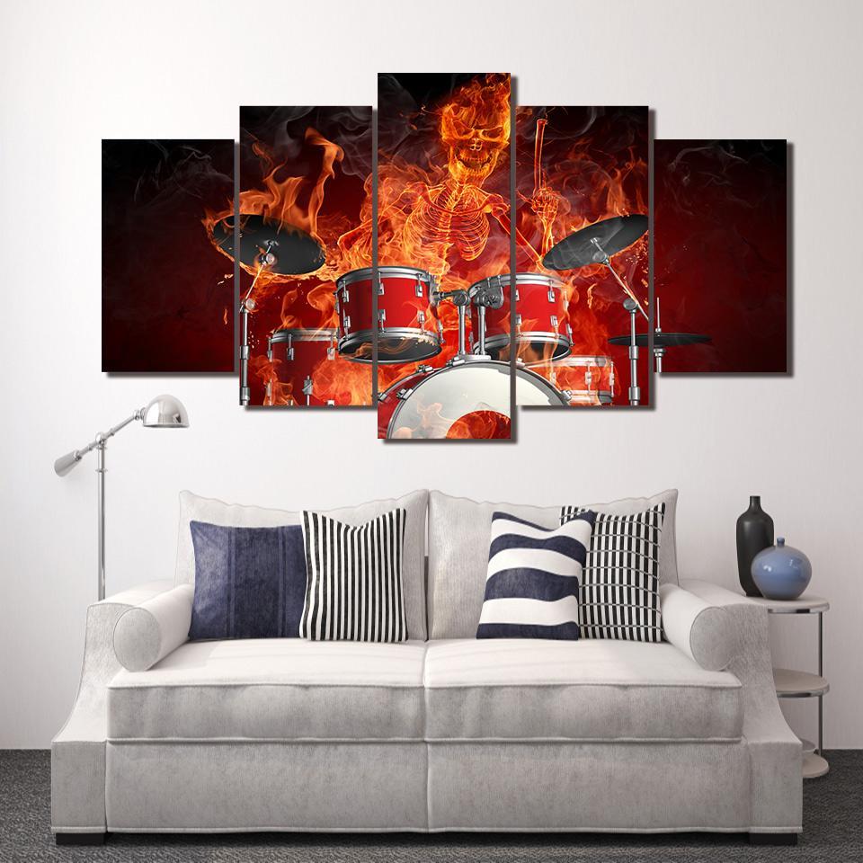 Skeleton Drummer Skull Drums Fire Music Abstract – Music Canvas Wall Art