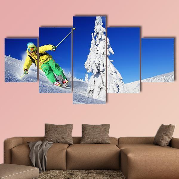 Skier Skiing In High Mountains – Sport Canvas Wall Art