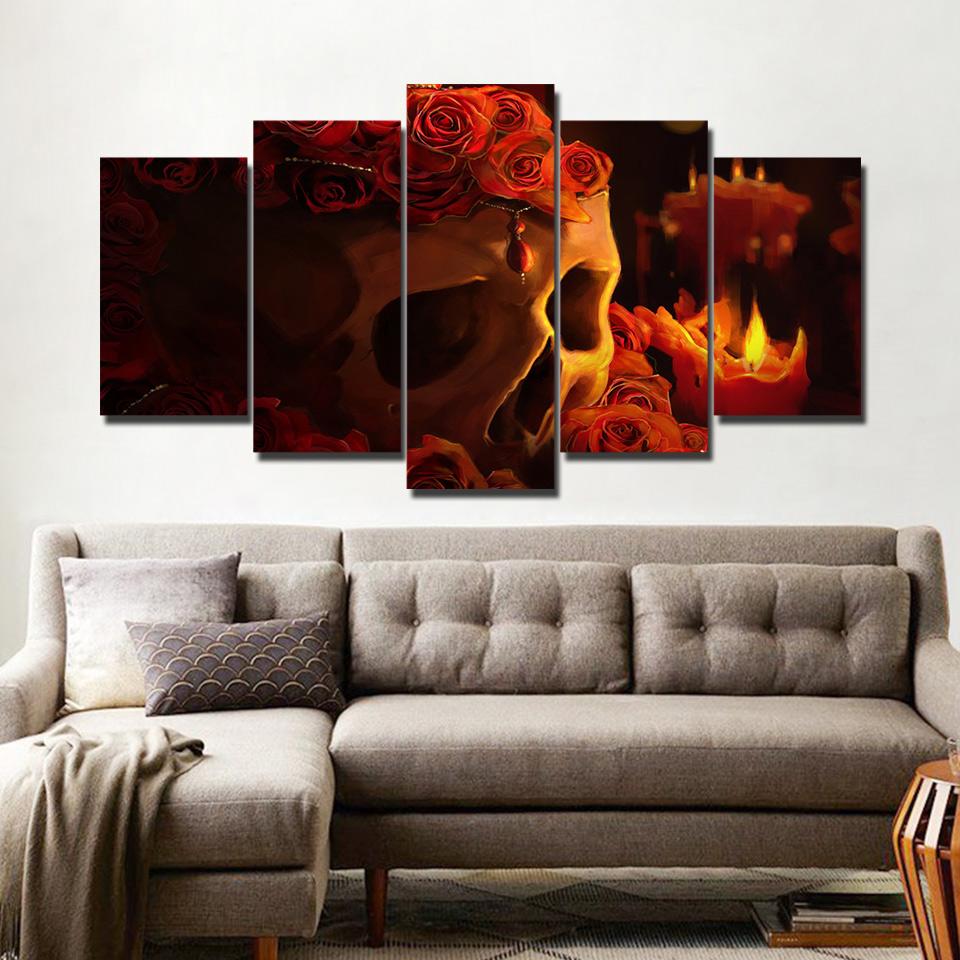 Skull And Pink Roses In Candlelight – Abstract Canvas Wall Art