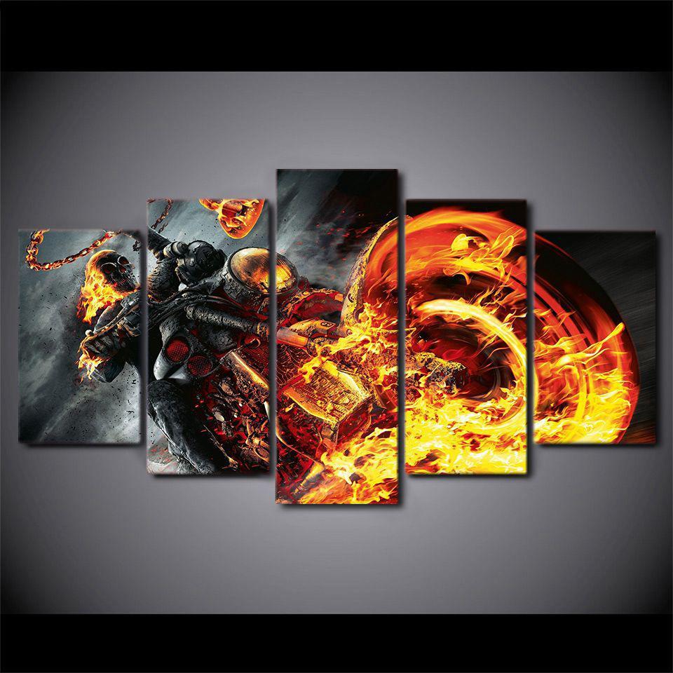 Skull Flame Motorcycle Automative Canvas Wall Art