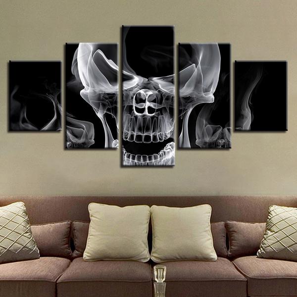 Skull Smoke Smoking Black And White – Abstract Canvas Wall Art