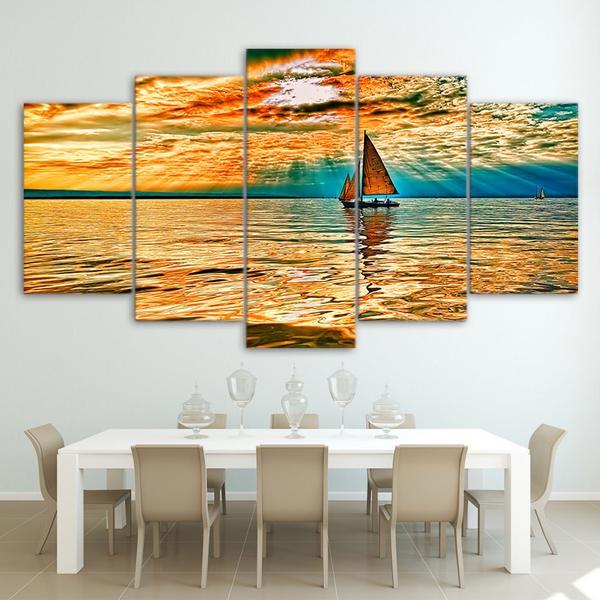 Sky Clouds Sun Rays Lake Sailboat – Nature Canvas Wall Art