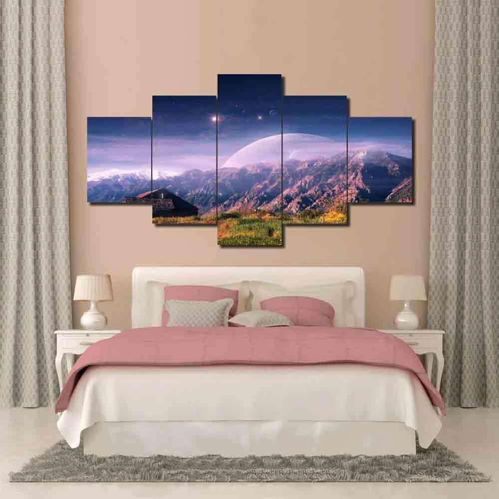 Sky Planets House And Mountain – Nature Canvas Wall Art