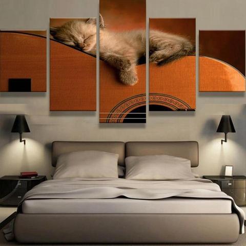 Sleepy Cat On Guitar – Animal Canvas Wall Art