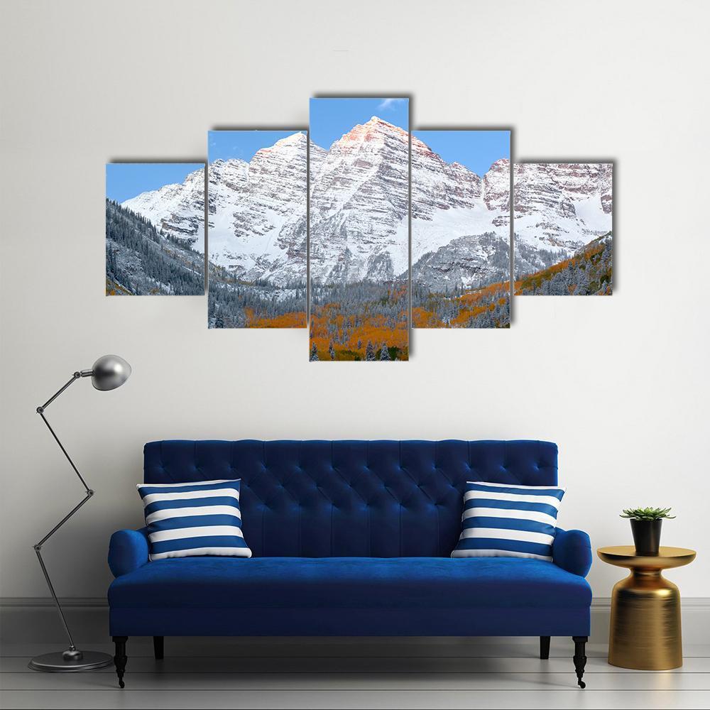 Snow Covered Maroon Bells Mountains – Nature Canvas Wall Art