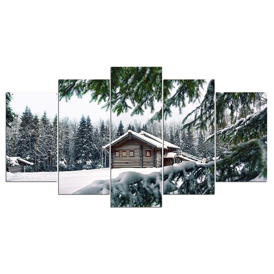 Snow Forest Cottage – Nature Canvas Wall Art