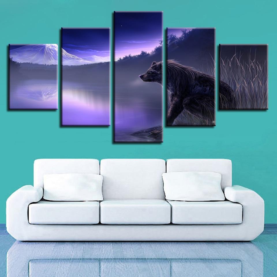 Snow Mountain Lake And Animal Wolf Night – Animal Canvas Wall Art