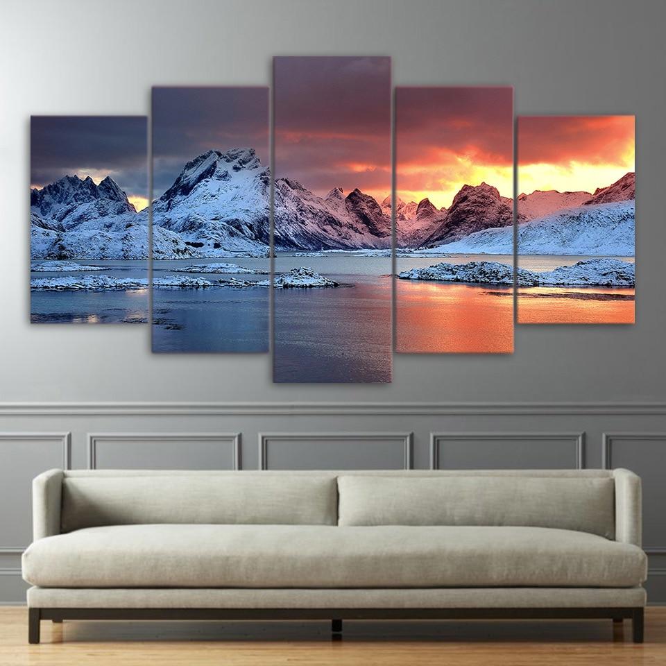 Snow Mountain Sunset Rive – Nature Canvas Wall Art