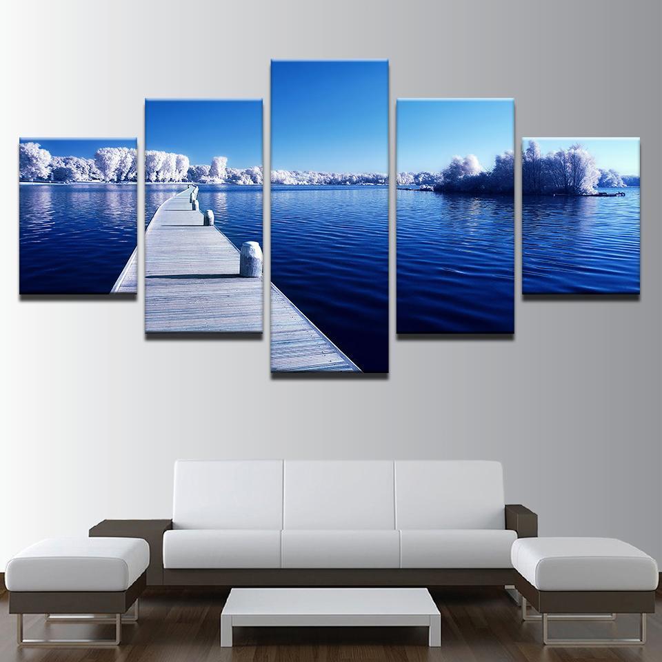 Snow Trees Forest Long Bridge Blue Ocean Lake – Nature Canvas Wall Art
