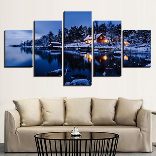 Snowy Cabin On A Lake – Nature Canvas Wall Art