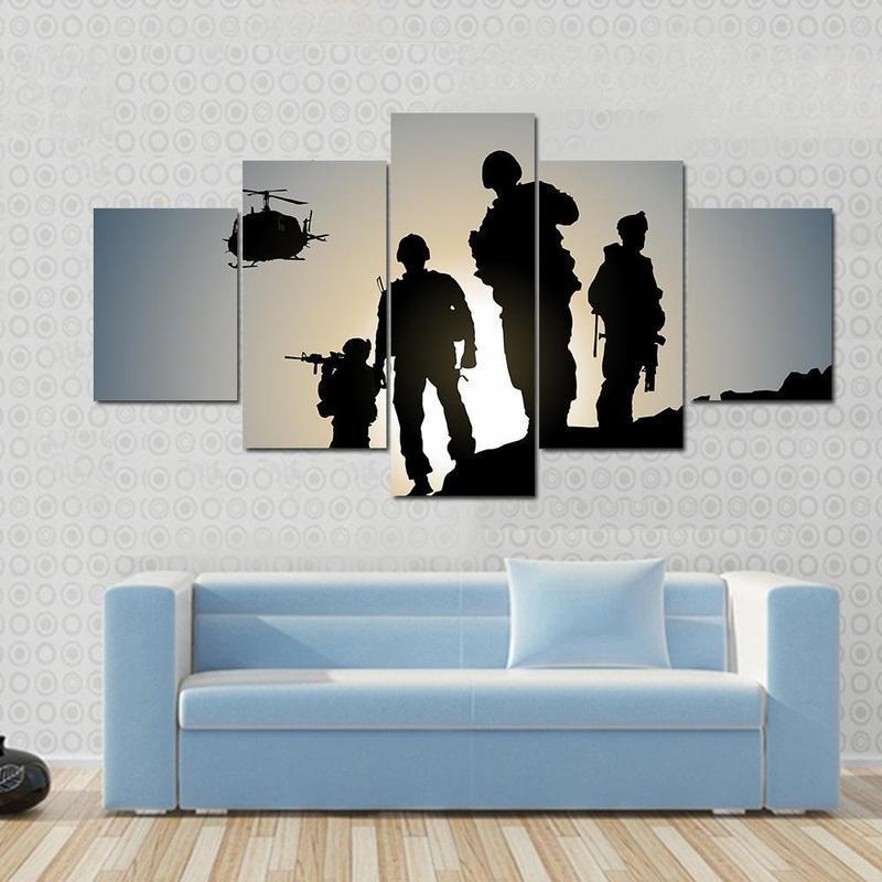 Soldiers Silhouettes With Helicopter – Army Canvas Wall Art