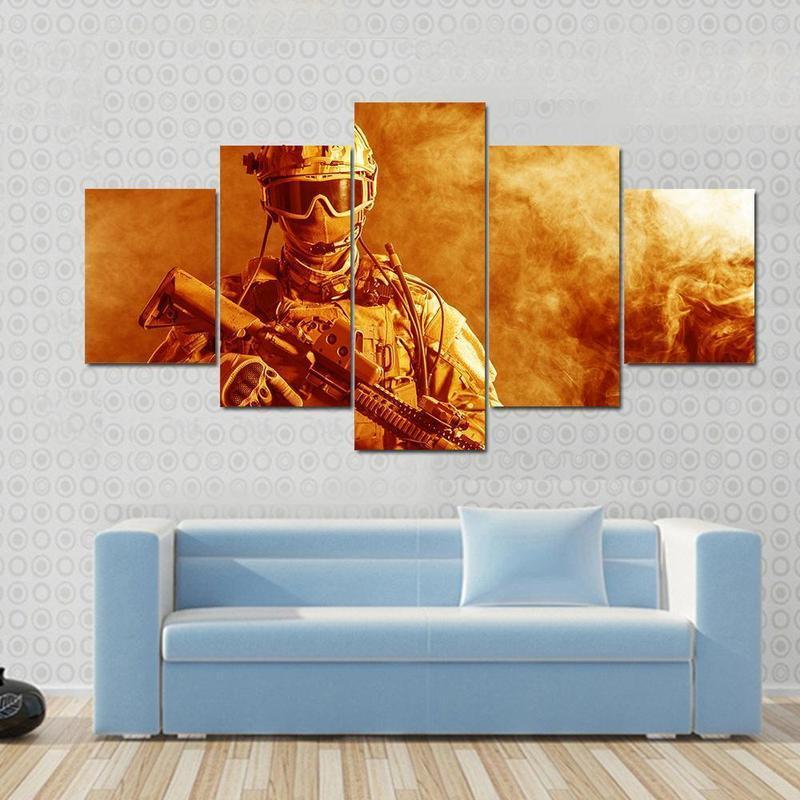 Special Forces Soldier Rifle In The Fire Gaming Canvas Wall Art