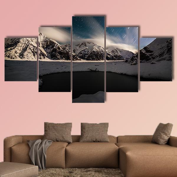 Star Trails And Small Lake With Snow Peaks – Nature Canvas Wall Art