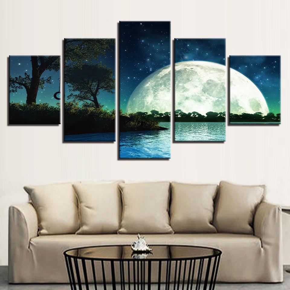 Starry Moon Night Lake Trees Landscape – Nature Canvas Wall Art