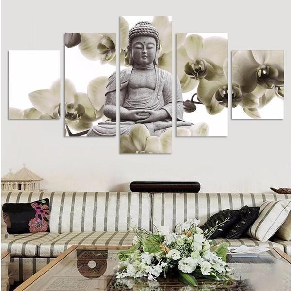 Statue Of Buddha With White Flowers Around – Religion Canvas Wall Art