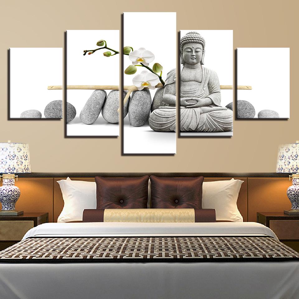 Statue Of Buddha With White Moth Orchid – Religion Canvas Wall Art