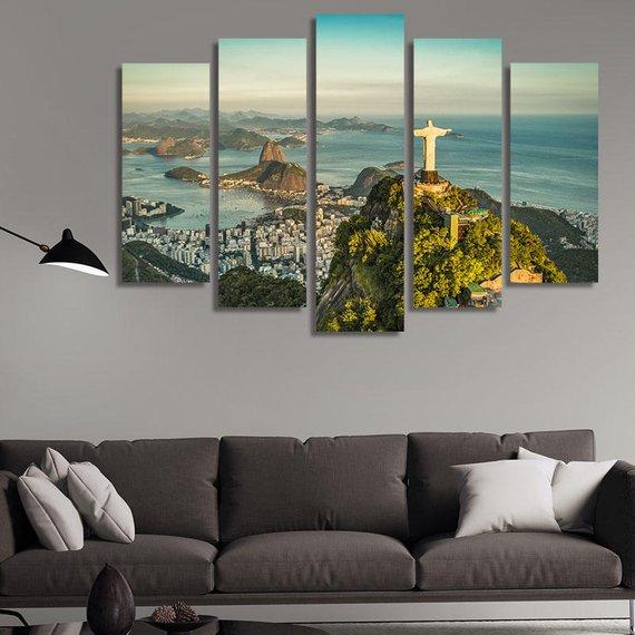 Statue Of Christ And Sugar Loaf Mountain At Sunset – Religion Canvas Wall Art