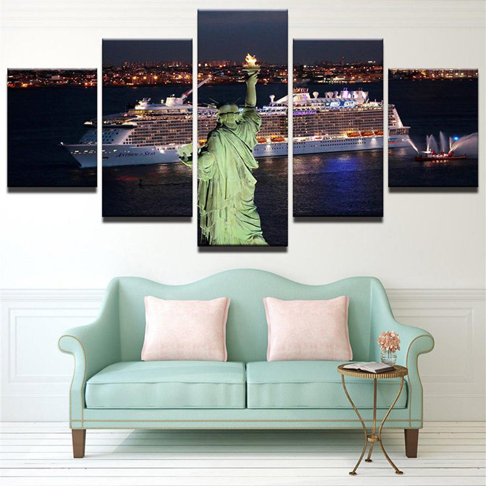 Statue Of Liberty Ship Night View – Nature Canvas Wall Art