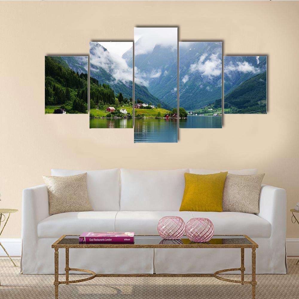 Summer View To Sognefjord And Village In Norway – Nature Canvas Wall Art