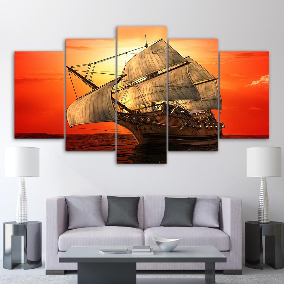 Sun Sea Ship Space Canvas Wall Art