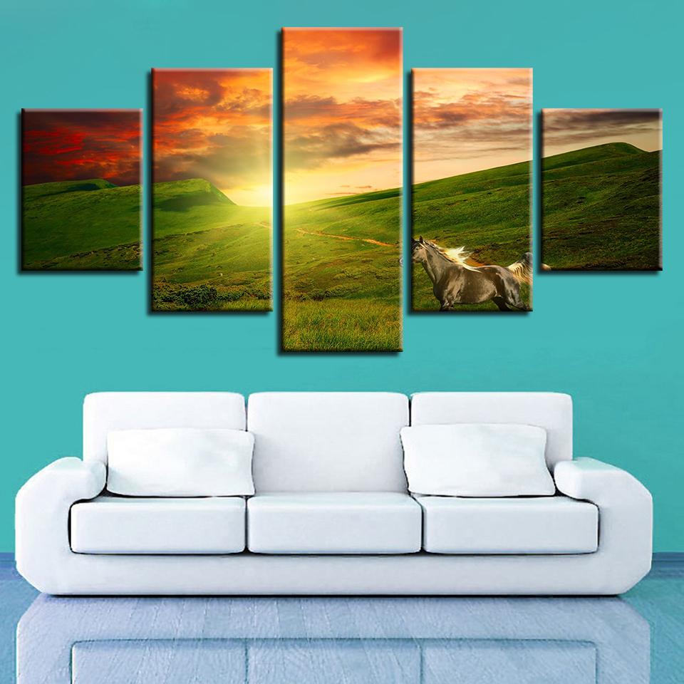 Sunrise Horse Grassland Landscape – Animal Canvas Wall Art