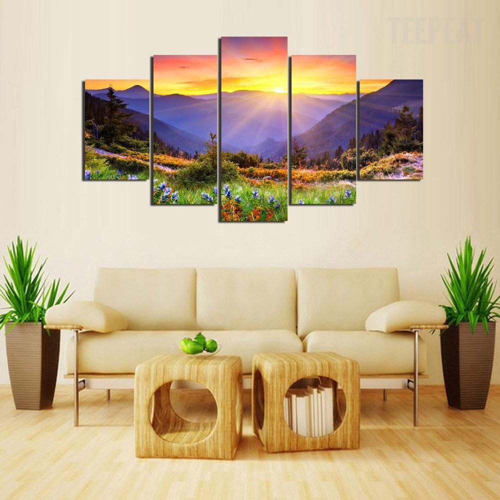 Sunrise In The Mountains Painting – Nature Canvas Wall Art