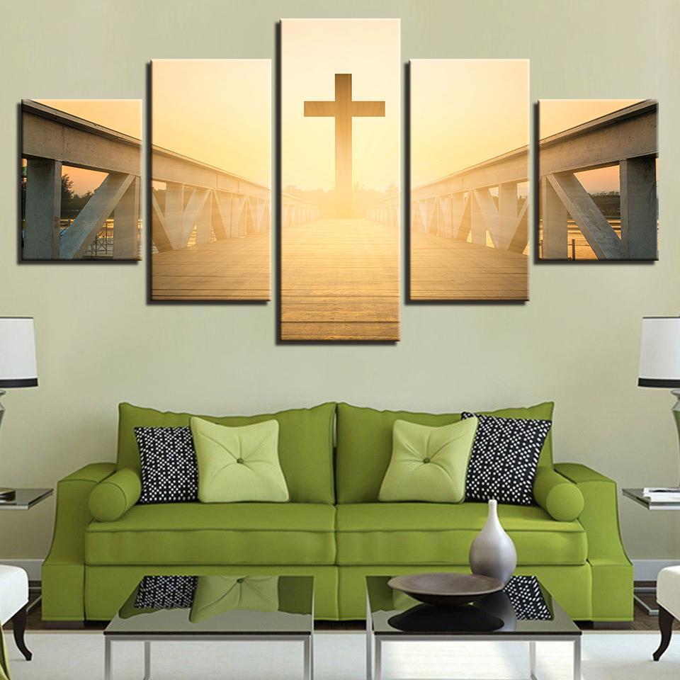 Sunrise Jesus Cross Long Bridge Landscape – Religion Canvas Wall Art