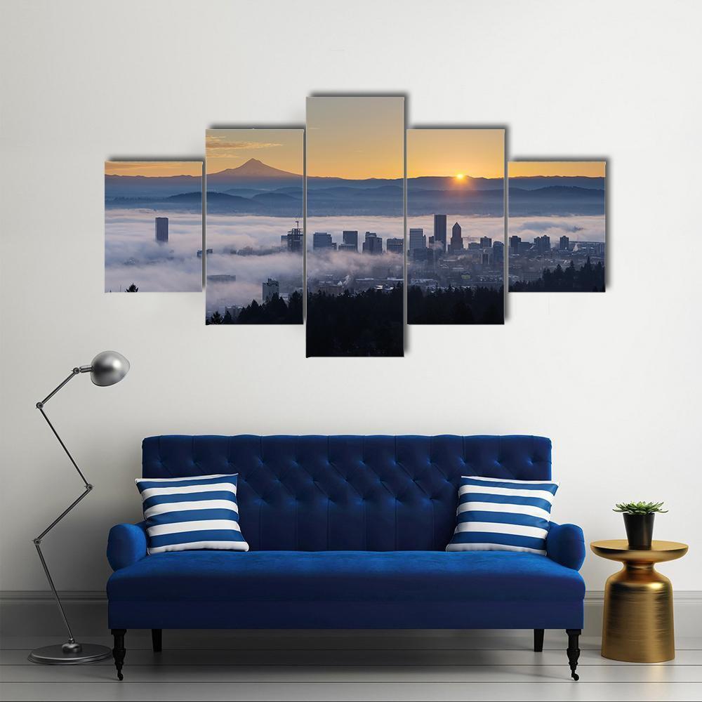 Sunrise Over City Of Portland Oregon – Nature Canvas Wall Art