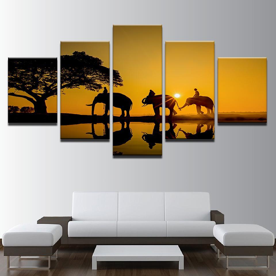 Sunrise Tree Elephant Lake – Animal Canvas Wall Art