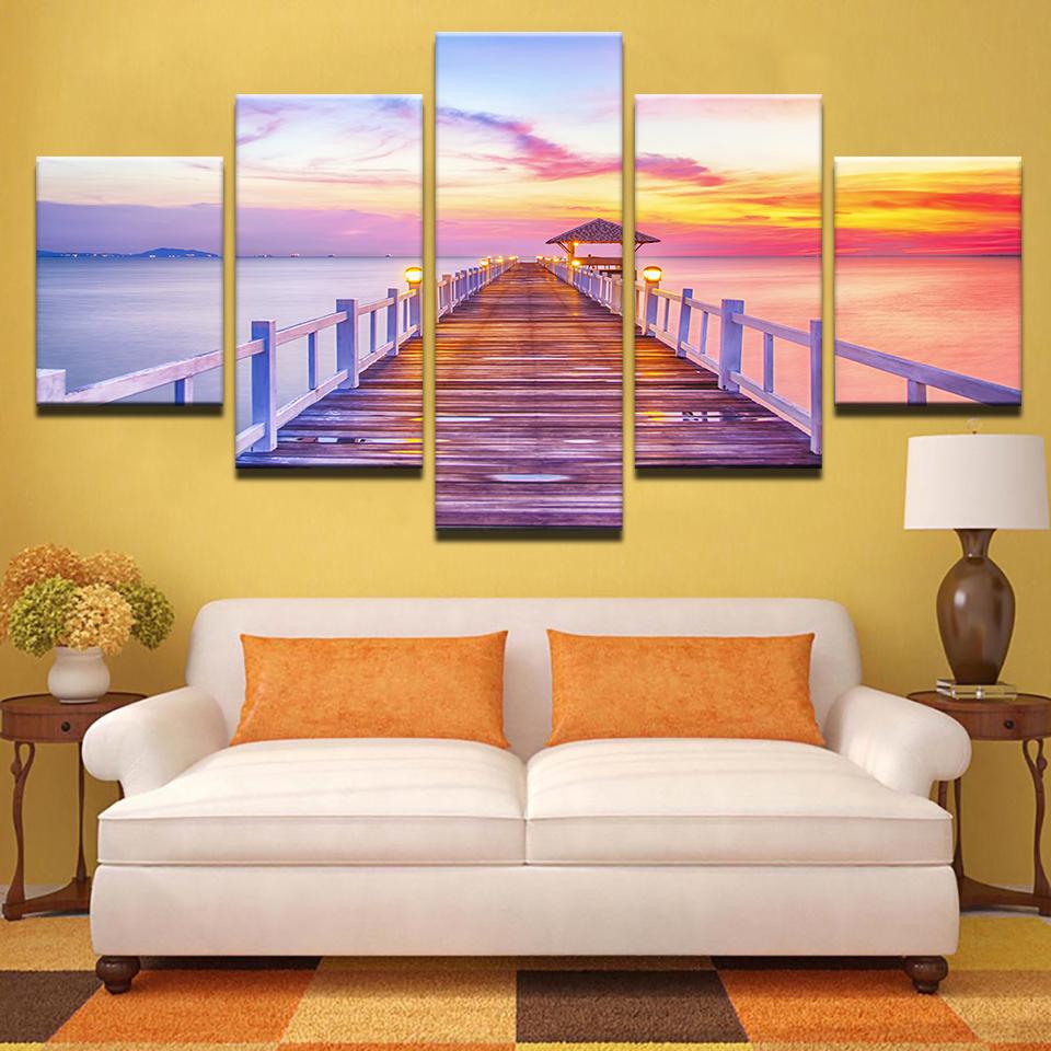 Sunrise Wooden Bridge Seascape Sunset Lake – Nature Canvas Wall Art