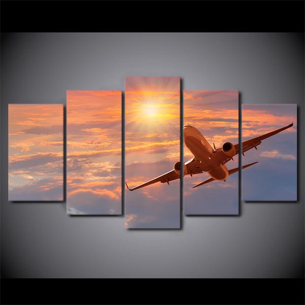 Sunset And Airplane – Nature Canvas Wall Art