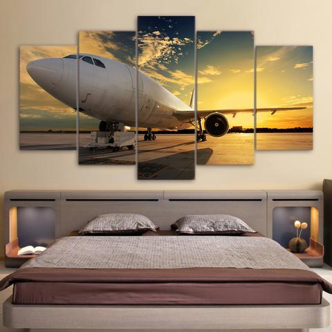 Sunset And White Airplane – Airplane Canvas Wall Art