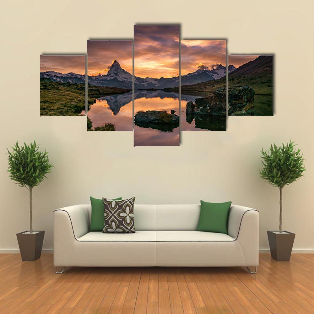 Sunset At Matterhorn With Reflection In Stelli Lake – Nature Canvas Wall Art