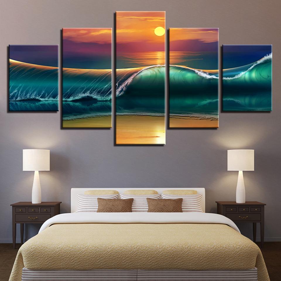 Sunset Beach Huge Waves Seascape – Nature Canvas Wall Art