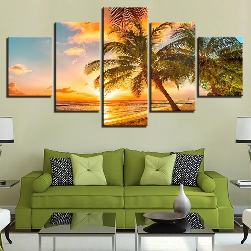 Sunset Beach Wave Palm Trees Seascape – Nature Canvas Wall Art