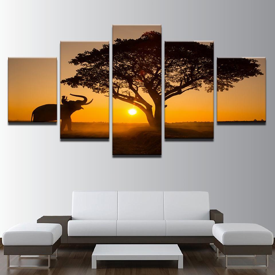 Sunset Big Tree And Elephant Landscape – Nature Canvas Wall Art