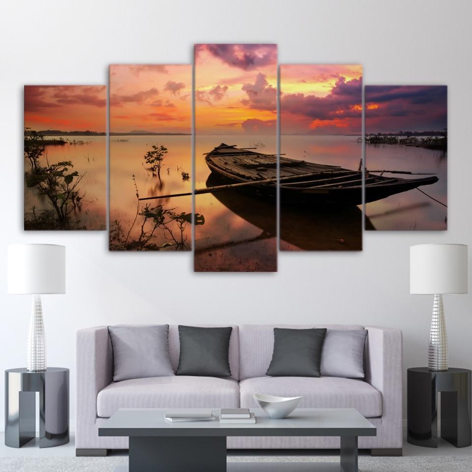 Sunset Boat Silence Lake – Space Canvas Wall Art