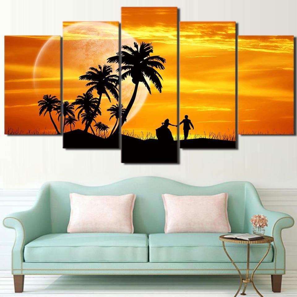 Sunset Couple Coconut Tree Moon – Nature Canvas Wall Art