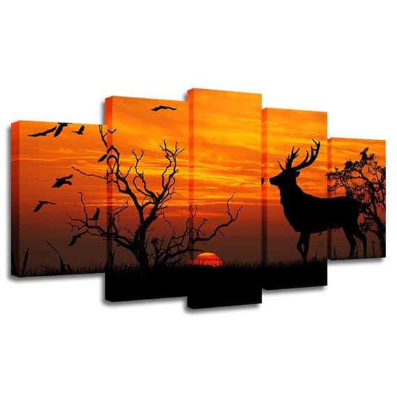 Sunset Dusk Birds White-Tailed Deer – Animal Canvas Wall Art