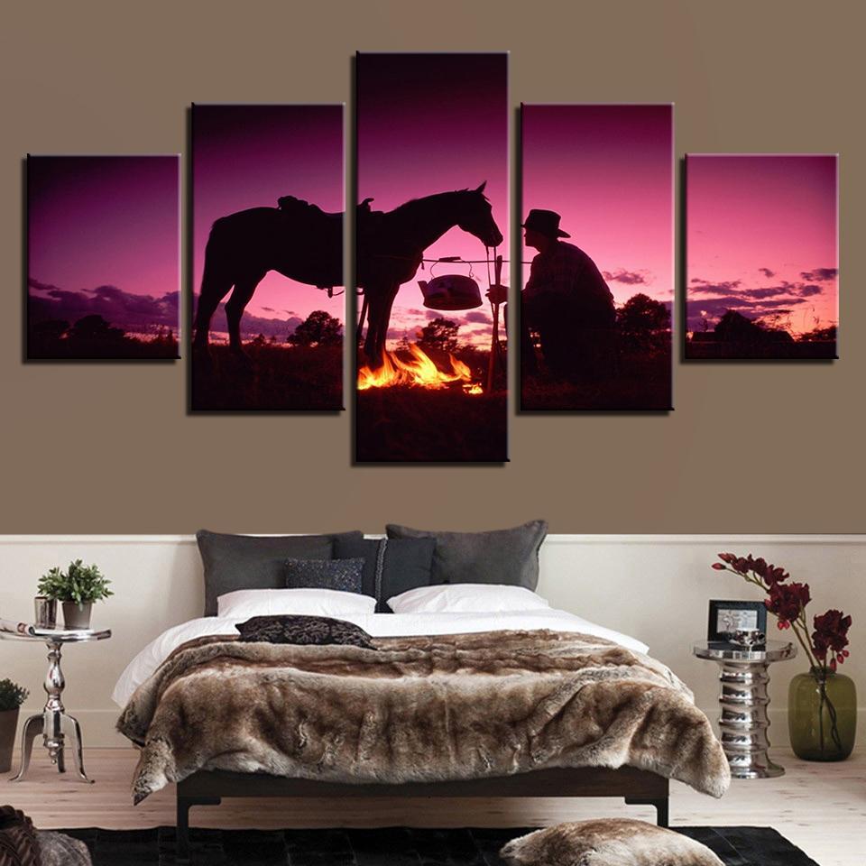 Sunset Dusk Knight Whit Horse Flame – Animal Canvas Wall Art