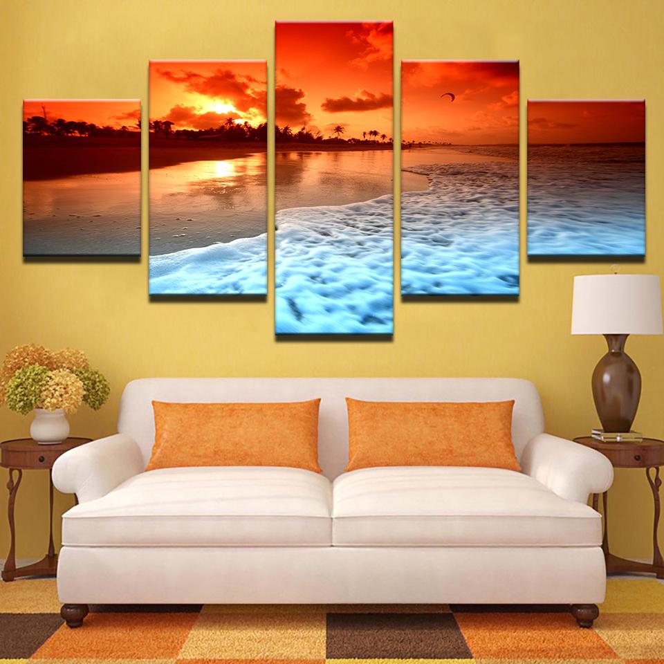 Sunset Glow Beach Sea Waves Seascape – Nature Canvas Wall Art