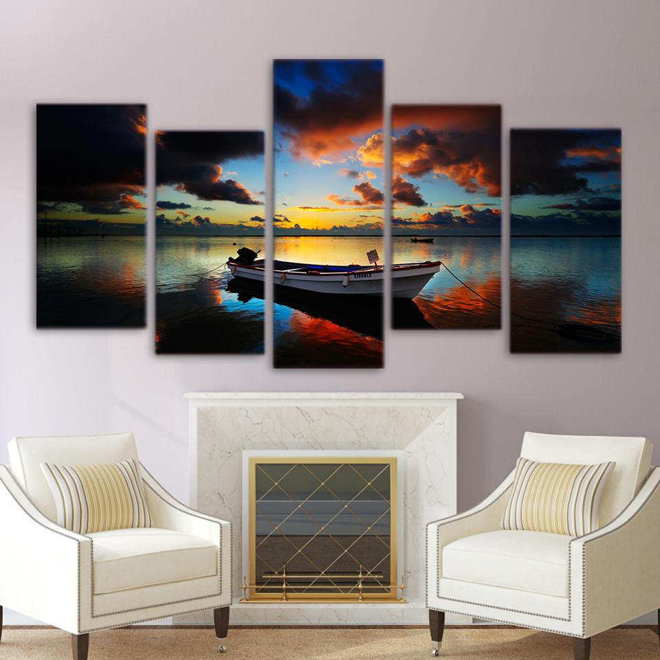 Sunset Glow Red Sky Sea Small Boats – Nature Canvas Wall Art