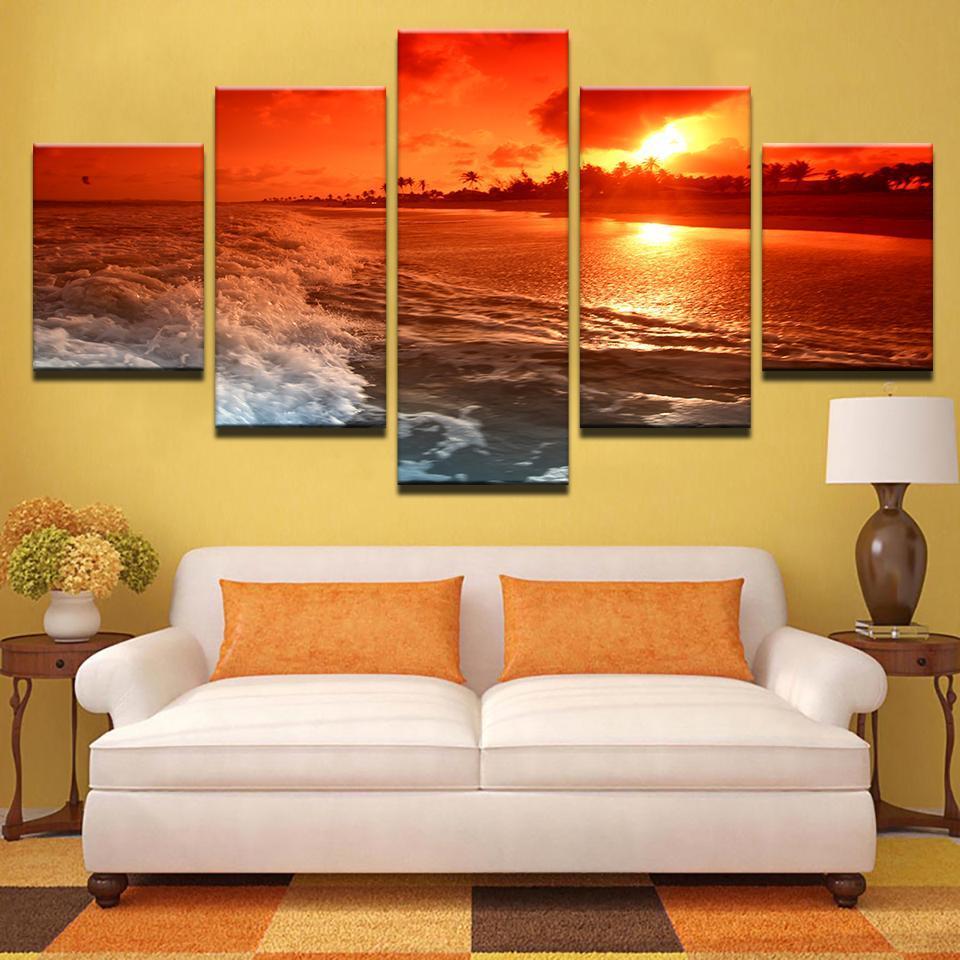 Sunset Glow Tintthe Sky Rbeach Sea Waves – Nature Canvas Wall Art